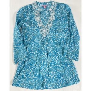 Lilly Pulitzer Sarasota Blue Aqua beaded Tunic Top Shirt Lady Size S Shell Print